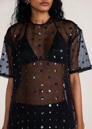 ROSANI The Zephyr tunic in black - black crisp organza tunic with sequin and metallic accents, craft detail