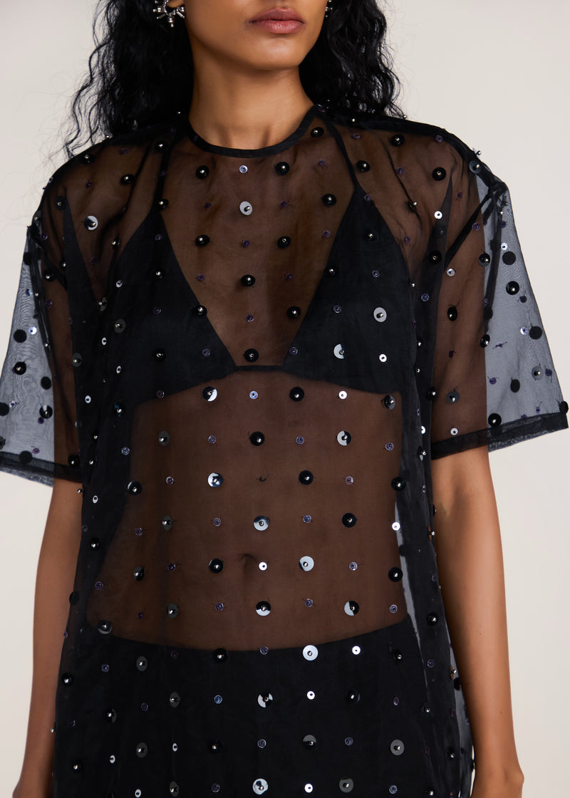 ROSANI The Zephyr tunic in black - black crisp organza tunic with sequin and metallic accents, craft detail