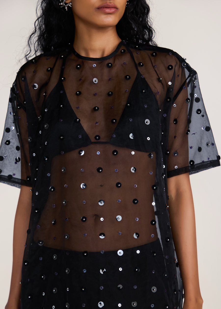ROSANI The Zephyr tunic in black - black crisp organza tunic with sequin and metallic accents, craft detail