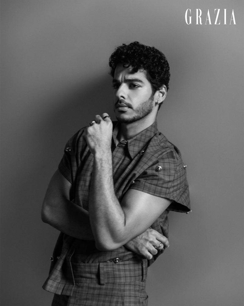Ishaan Khatter wearing ROSANI The Ogwu shirt from the Guarded Beauty collection, black-and-white editorial portrait