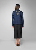 ROSANI The Lero jacket in midnight denim - anchor-stitched denim jacket with metallic floral patches, back view