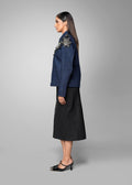 ROSANI The Lero jacket in midnight denim - anchor-stitched denim jacket with metallic floral patches, side view