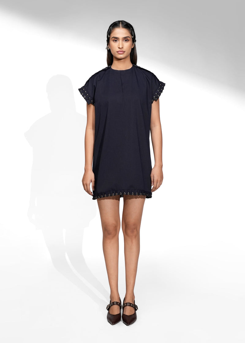 ROSANI The Vestura dress in navy blue - relaxed shift mini dress with embellished sleeve and hem detail, front view