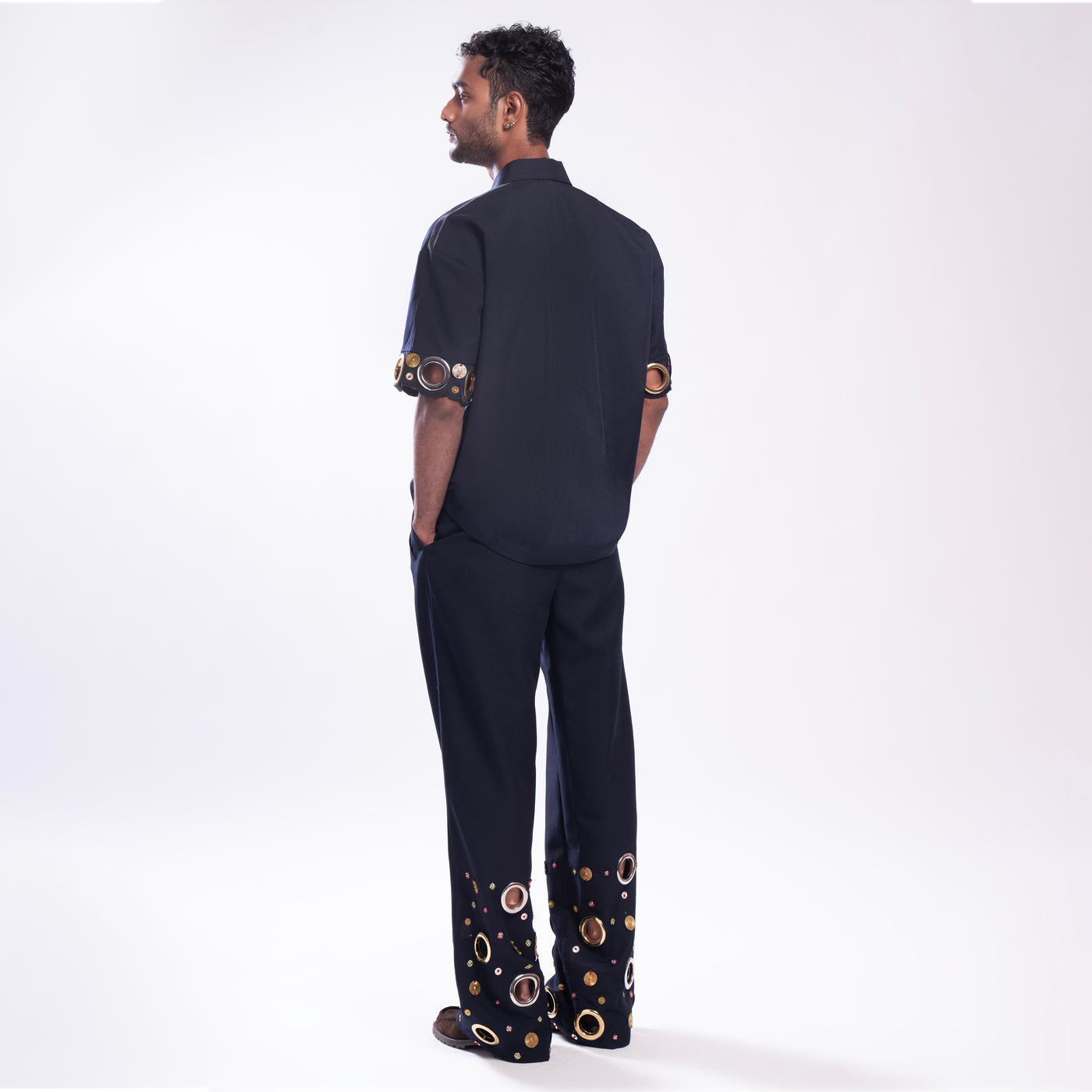 ROSANI The Alti shirt in navy. Box-fit short-sleeve with concealed placket. Back view.