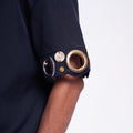 ROSANI The Alti shirt in navy. Metallic ring sleeve accent, detail view.