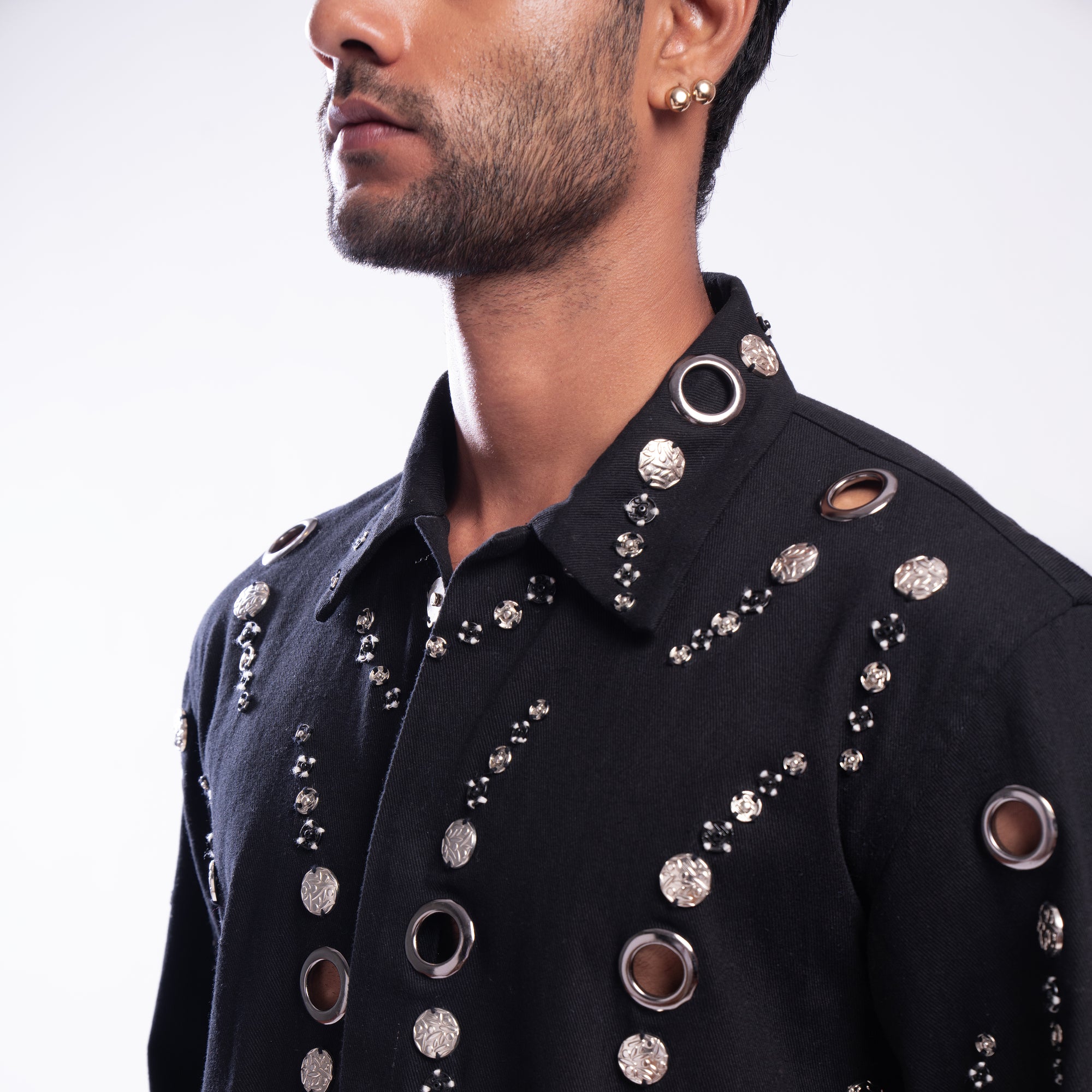 ROSANI The Arnos jacket, close-up of metallic surface work on heavy cotton front.