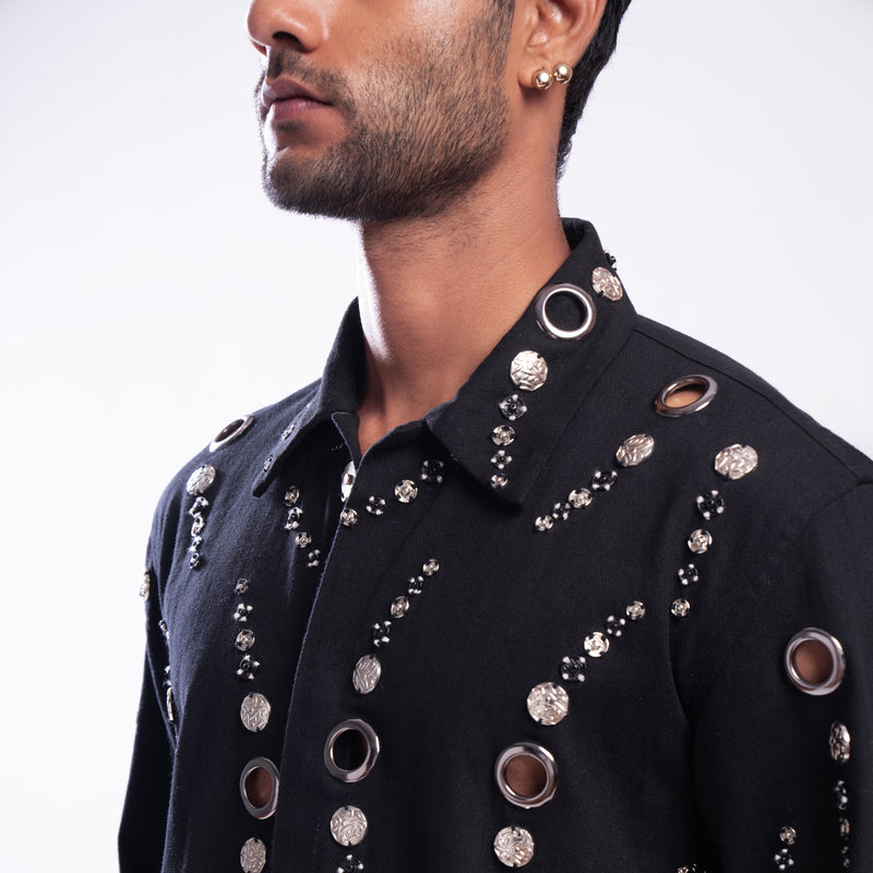 ROSANI The Arnos jacket, close-up of metallic surface work on heavy cotton front.