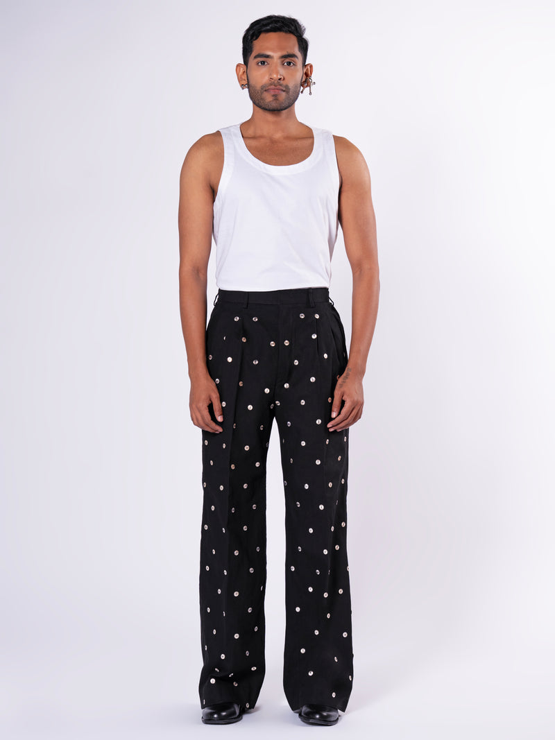 ROSANI The Blythe trouser in black. Full-front view showing wide-leg silhouette.