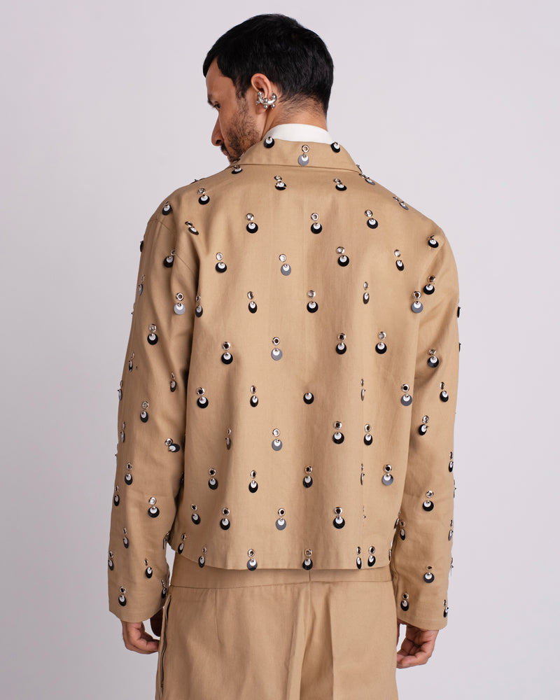 ROSANI The Carter jacket in khaki - relaxed fit jacket with metallic eyelets, magnetic button accents and overlapping sequin detail, back view