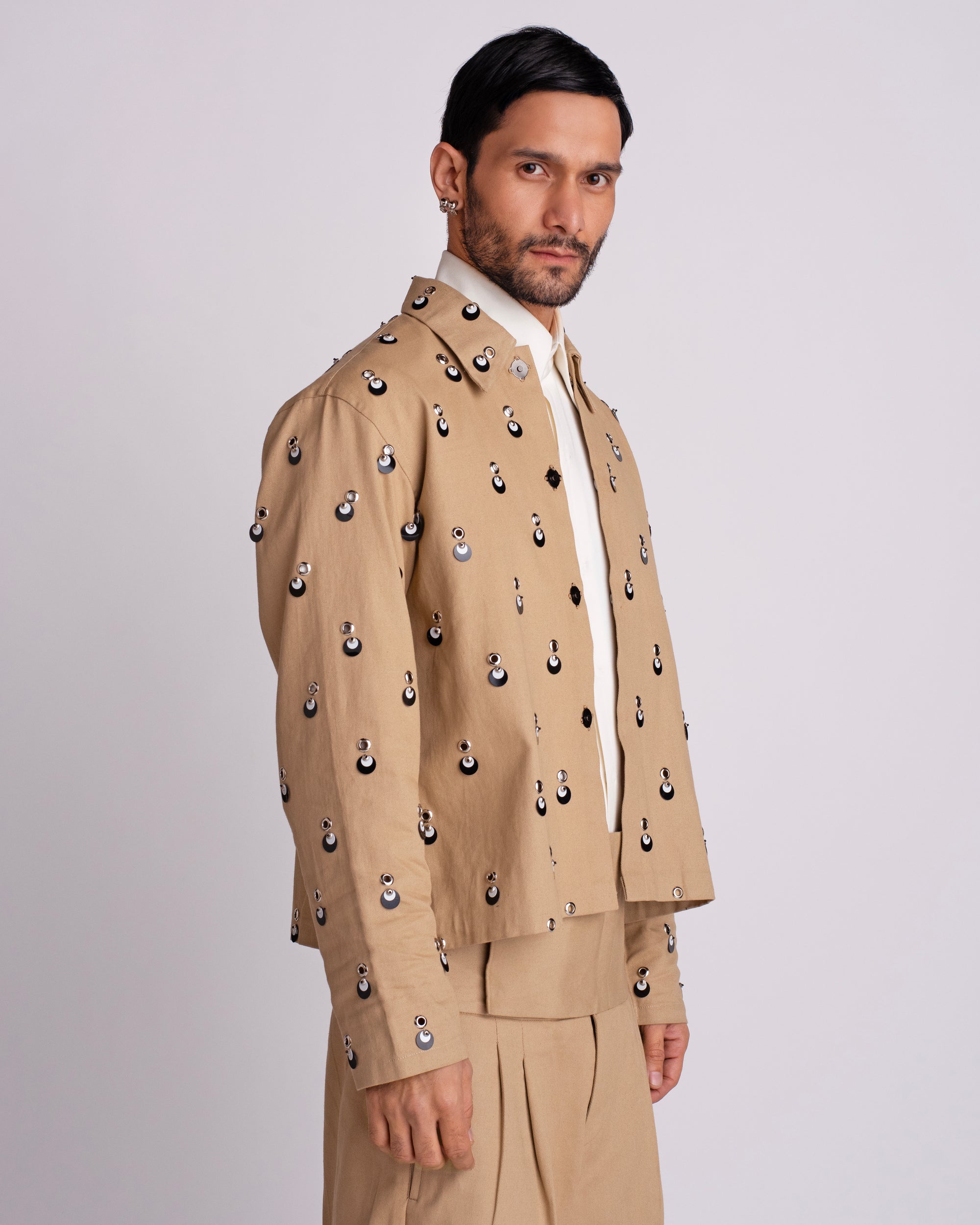 ROSANI The Carter jacket in khaki. Side view showing relaxed fit and sequin surface.