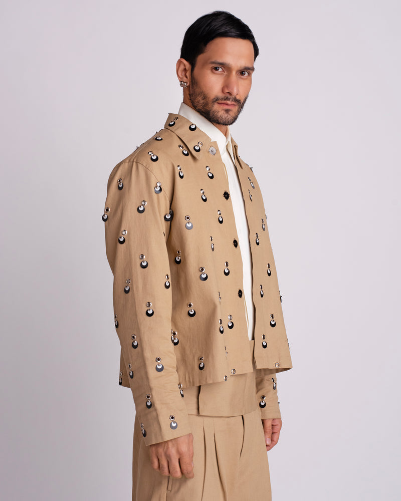ROSANI The Carter jacket in khaki - relaxed fit jacket with metallic eyelets, magnetic button accents and overlapping sequin detail, side view