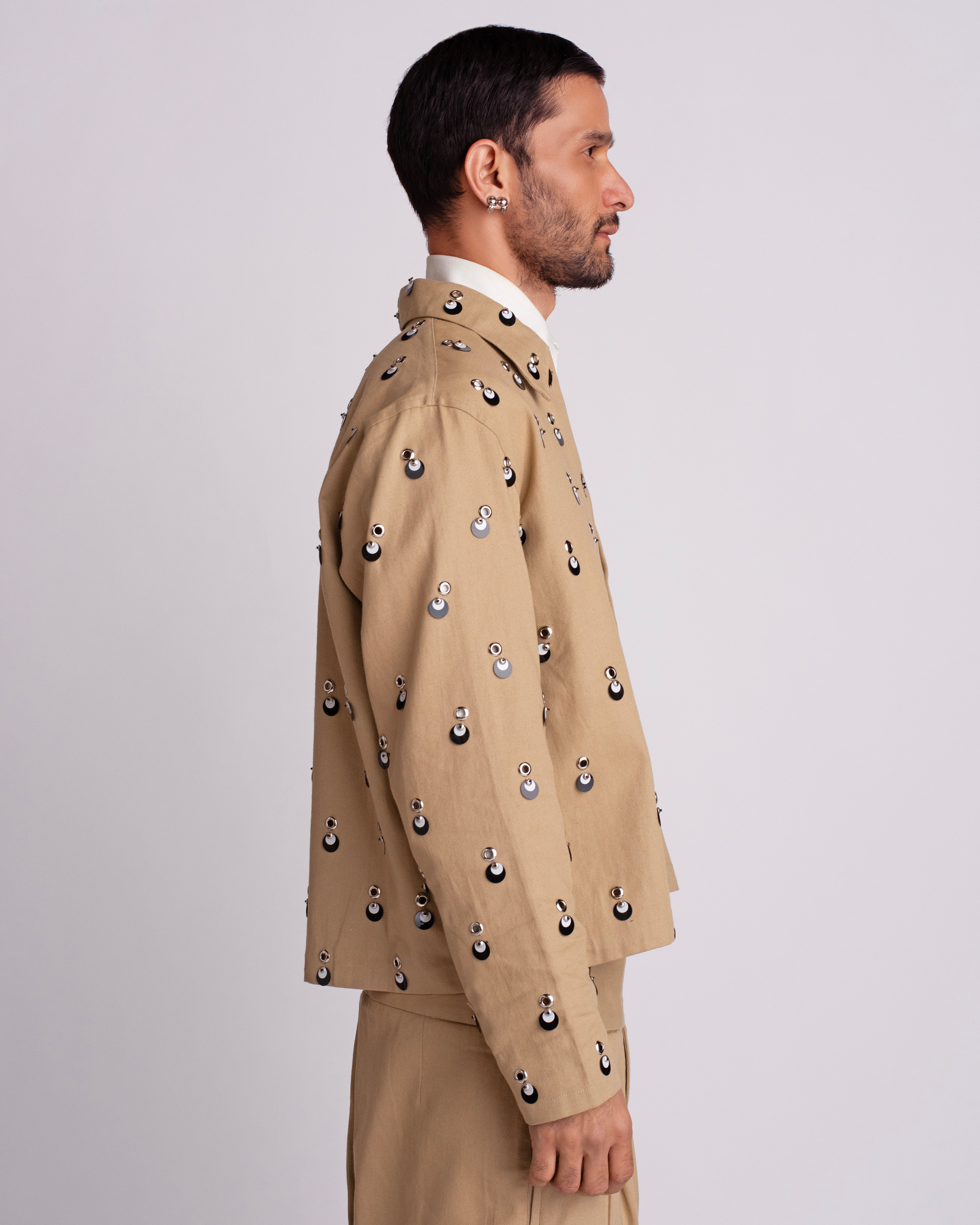 ROSANI The Carter jacket in khaki. Second side view, sequin detail in light.