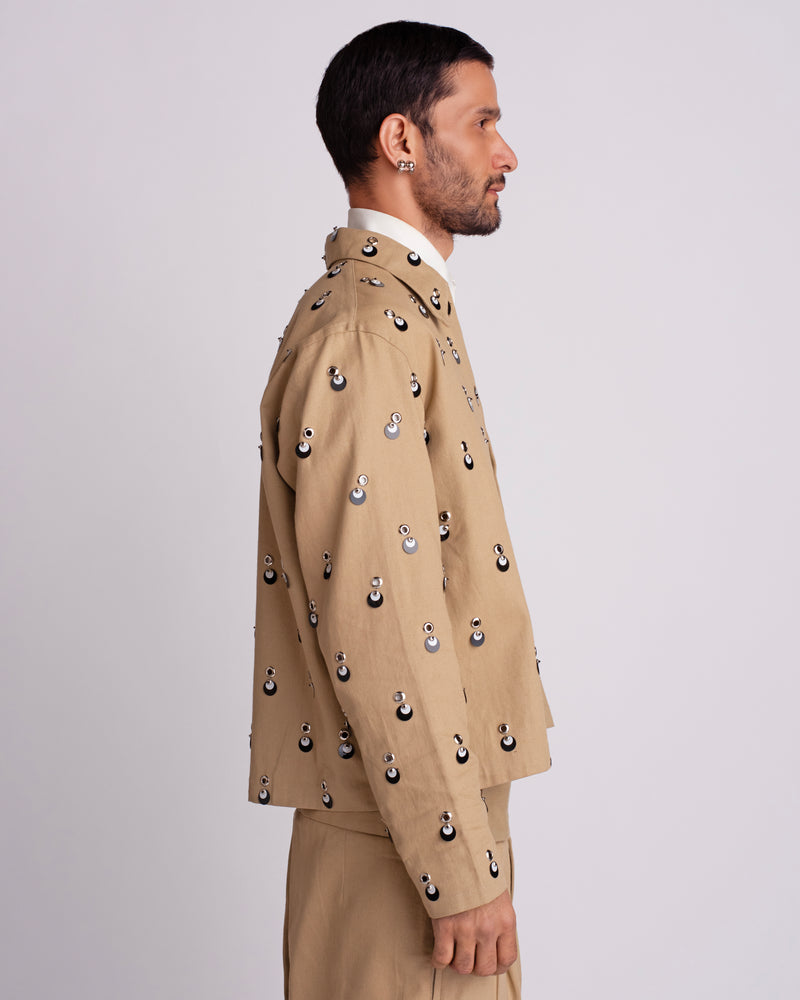 ROSANI The Carter jacket in khaki - relaxed fit jacket with metallic eyelets, magnetic button accents and overlapping sequin detail, side view