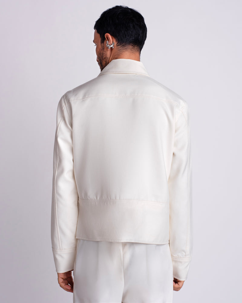 ROSANI The Charlie jacket in white - relaxed utility jacket with flap chest pockets and magnetic snap buttons, back view
