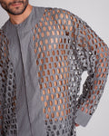 ROSANI The Emerson shirt in black and white stripes. Close-up of custom laser cut-out and press button detail.