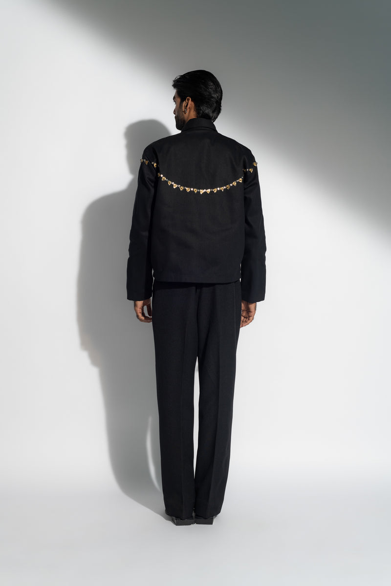 ROSANI The Hawthorn jacket in black - light embellished cotton jacket with necklace-inspired metal detailing and relaxed straight fit, back view