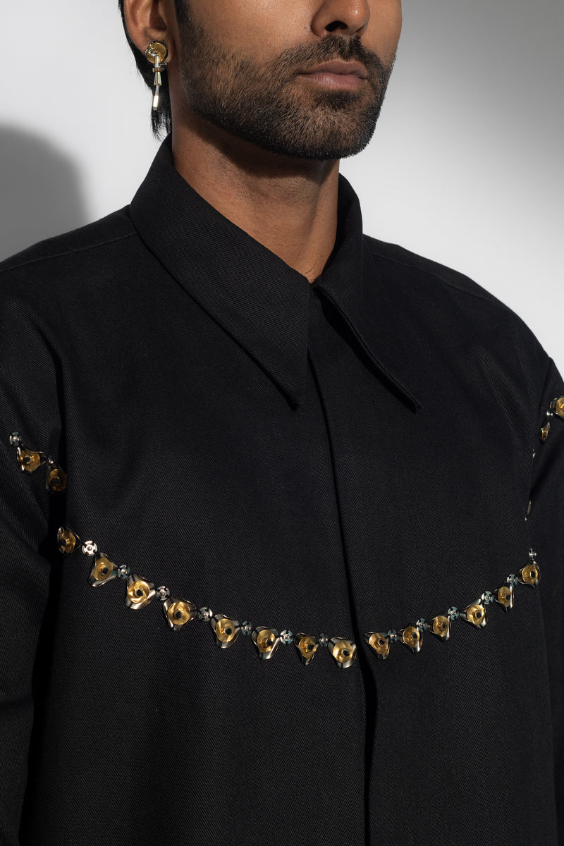 ROSANI The Hawthorn jacket in black - light embellished cotton jacket with necklace-inspired metal detailing and relaxed straight fit, detail view