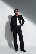 ROSANI The Hawthorn jacket in black - light embellished cotton jacket with necklace-inspired metal detailing and relaxed straight fit, front view