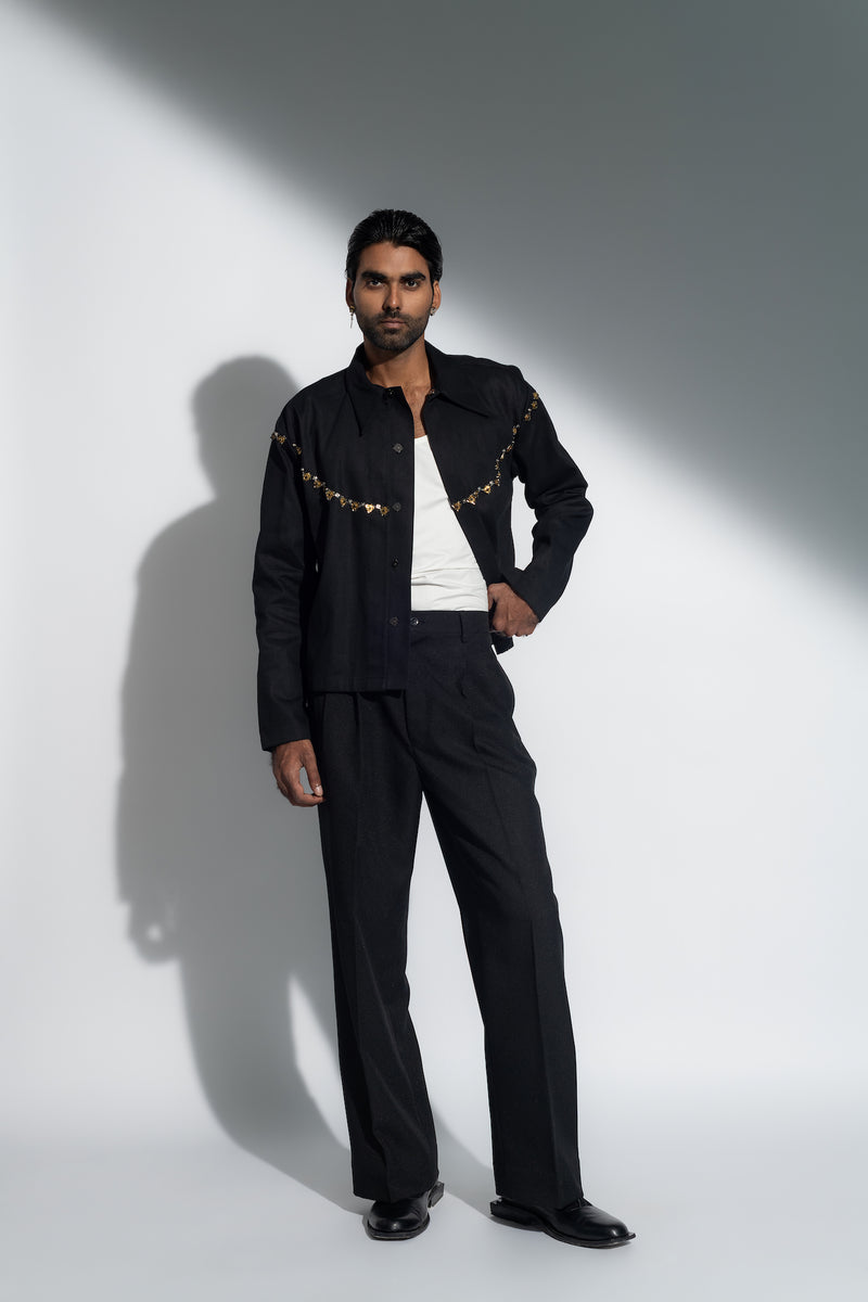 ROSANI The Hawthorn jacket in black - light embellished cotton jacket with necklace-inspired metal detailing and relaxed straight fit, front view