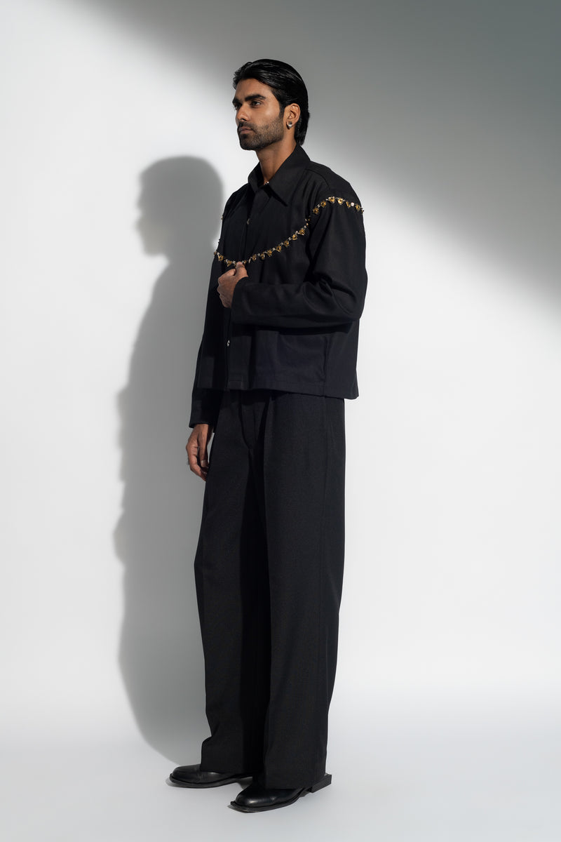 ROSANI The Hawthorn jacket in black - light embellished cotton jacket with necklace-inspired metal detailing and relaxed straight fit, side view