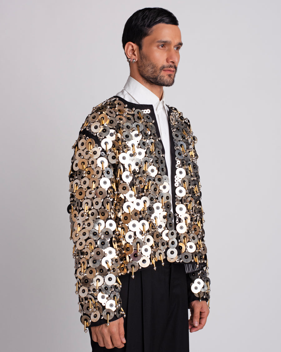 ROSANI The Jase jacket in black and silver. Side view showing full embellishment coverage and box silhouette.