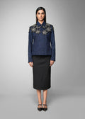 ROSANI The Lero jacket in midnight denim - anchor-stitched denim jacket with metallic floral patches, front view