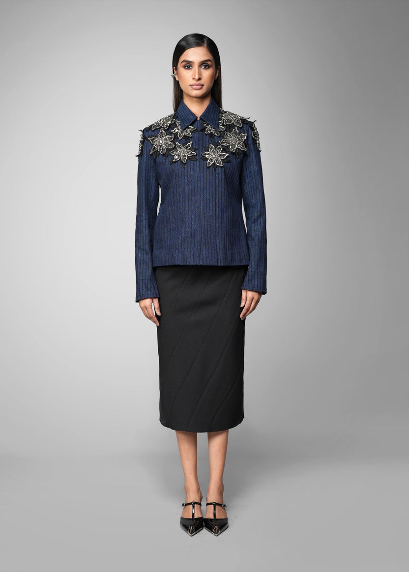 ROSANI The Lero jacket in midnight denim - anchor-stitched denim jacket with metallic floral patches, front view