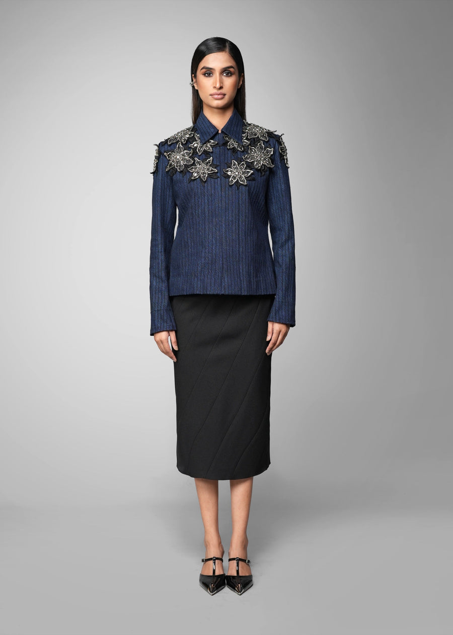 ROSANI The Lero jacket in midnight denim - anchor-stitched denim jacket with metallic floral patches, front view
