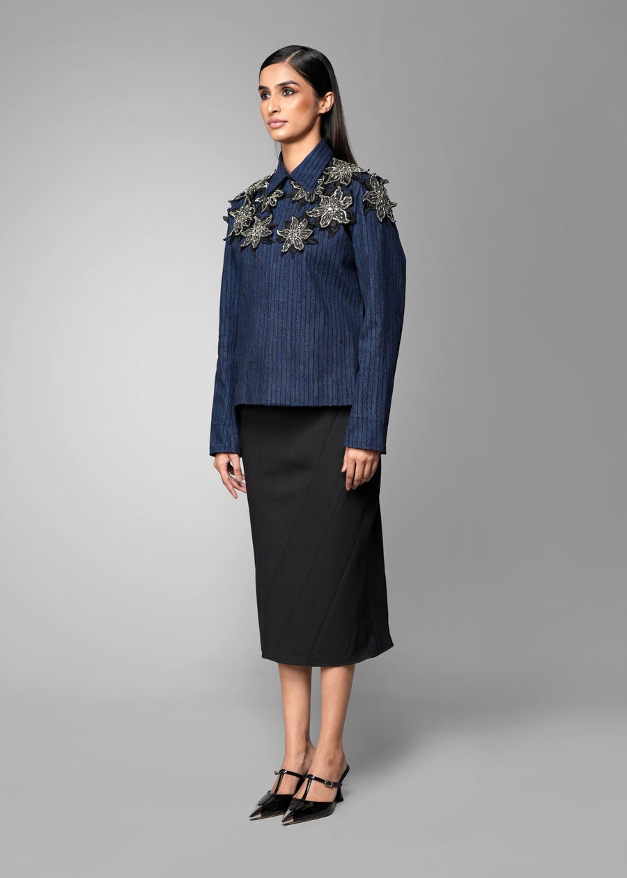 ROSANI The Lero jacket in midnight denim - anchor-stitched denim jacket with metallic floral patches, front side view