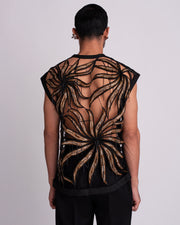 ROSANI The Monroe t-shirt. Back view. Eclipsed Flora motif and suspended glass bugle detail. ANIMA and ANIMUS collection.