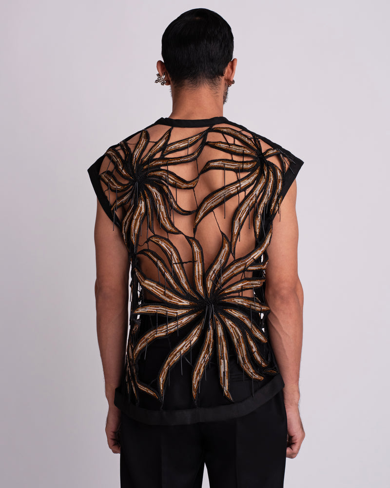 ROSANI The Monroe t-shirt. Back view. Eclipsed Flora motif and suspended glass bugle detail. ANIMA and ANIMUS collection.