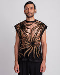 ROSANI The Monroe t-shirt in black. Deconstructed sleeveless vest with Eclipsed Flora motif hand embroidered in glass bugles and beads. ANIMA and ANIMUS collection, front view.