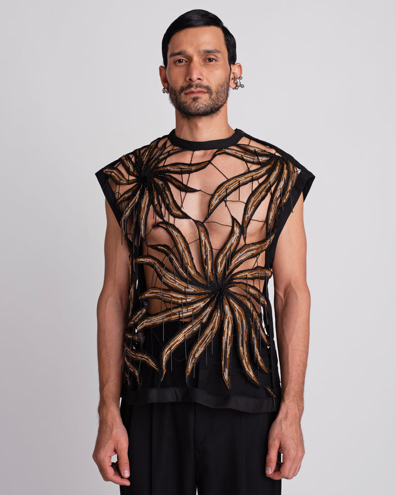 ROSANI The Monroe t-shirt in black. Deconstructed sleeveless vest with Eclipsed Flora motif hand embroidered in glass bugles and beads. ANIMA and ANIMUS collection, front view.
