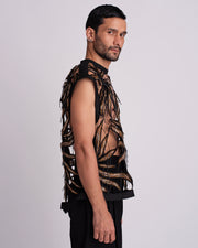 ROSANI The Monroe t-shirt. Side view of organza-based deconstructed vest with floating flora embroidery.
