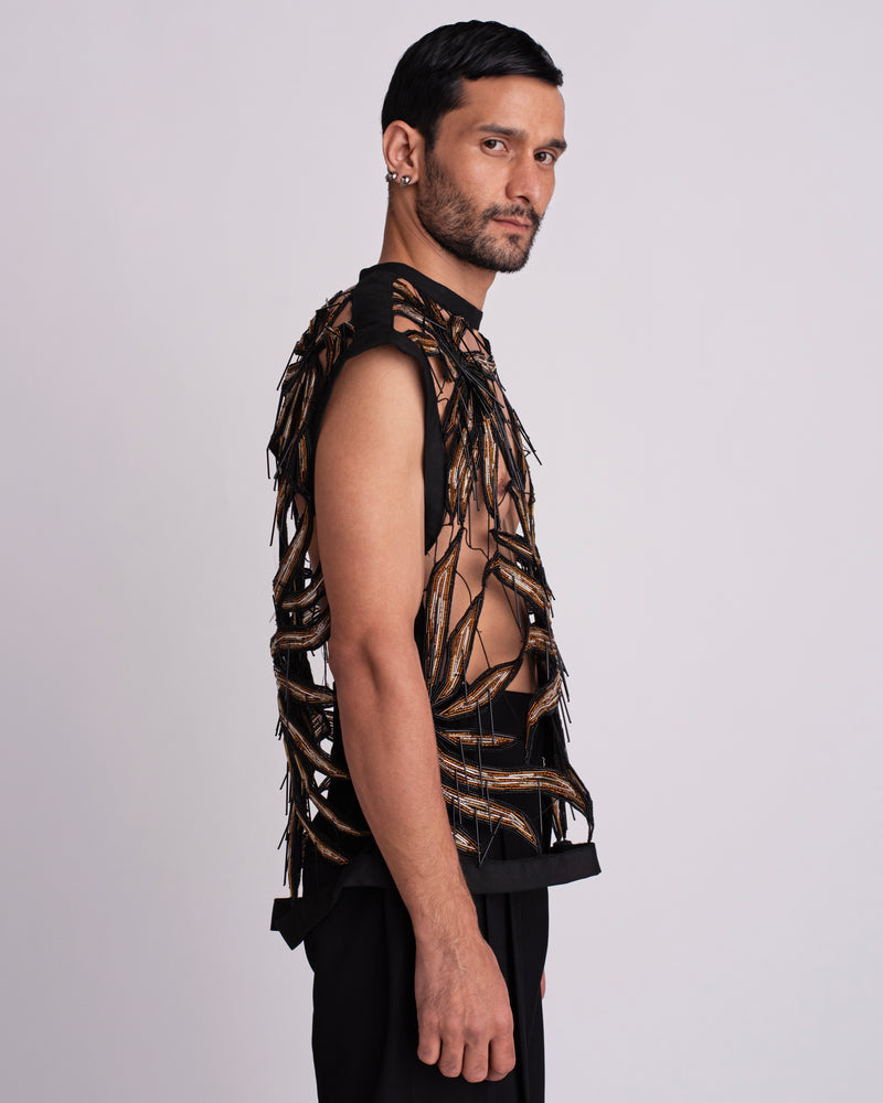 ROSANI The Monroe t-shirt. Side view of organza-based deconstructed vest with floating flora embroidery.