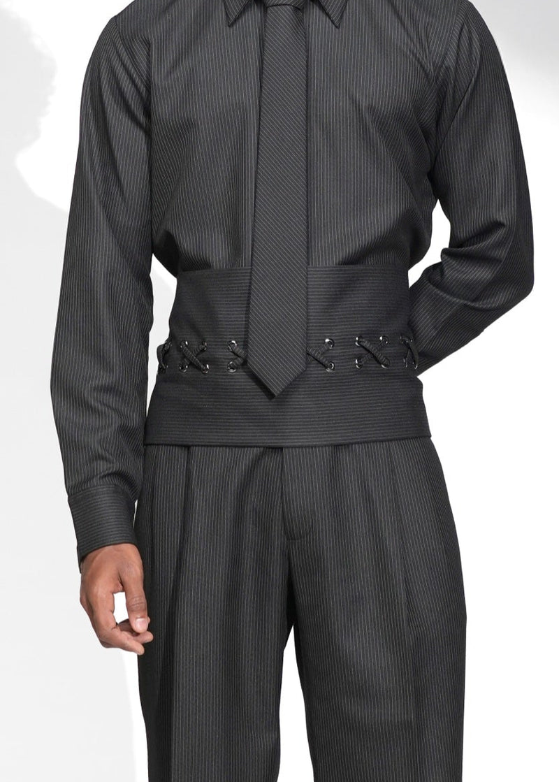 ROSANI The Nave cummerbund in black - lace-up waist cummerbund, worn styling, front view