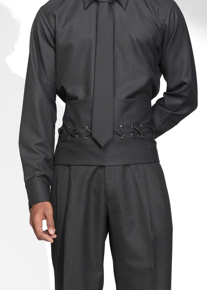 ROSANI The Nave cummerbund in black - lace-up waist cummerbund, worn styling, front view