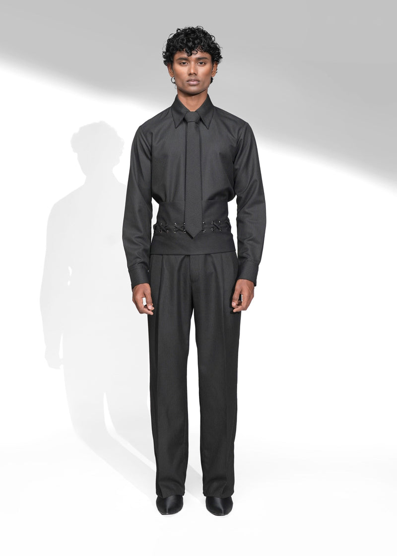 ROSANI The Nave cummerbund in black - lace-up waist cummerbund, worn styling, full front view