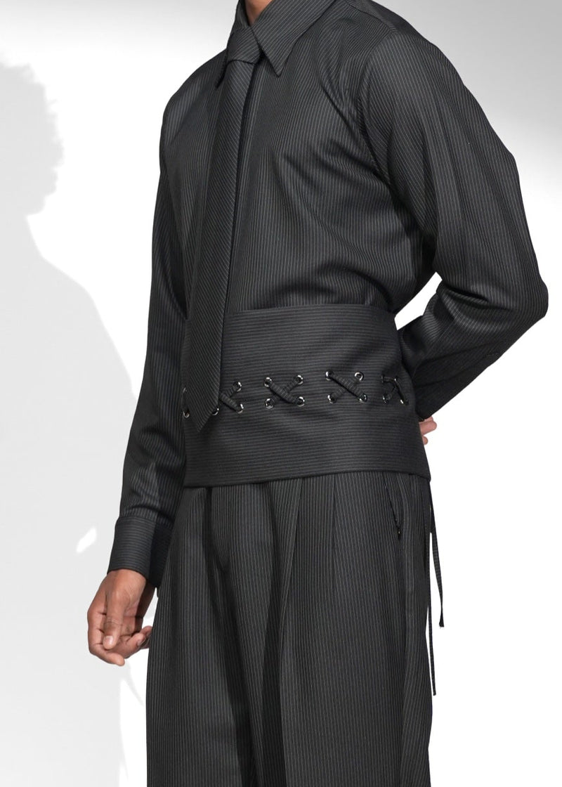 ROSANI The Nave cummerbund in black - lace-up waist cummerbund, worn styling, side view
