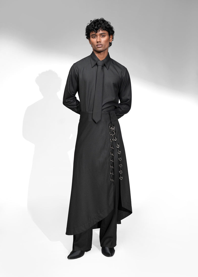 ROSANI The Sphere skirt in black - asymmetric draped maxi skirt with metal ring detail, full front view