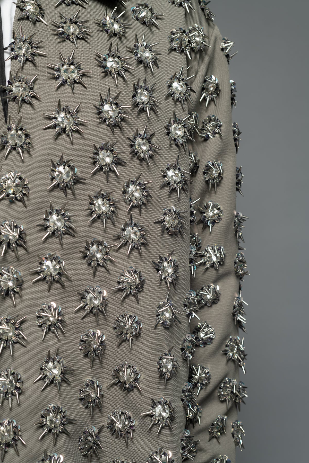 ROSANI The Thor jacket in pearl grey - heavy embellished jacket with all-over hand embroidery and crystal bead detailing, detail view