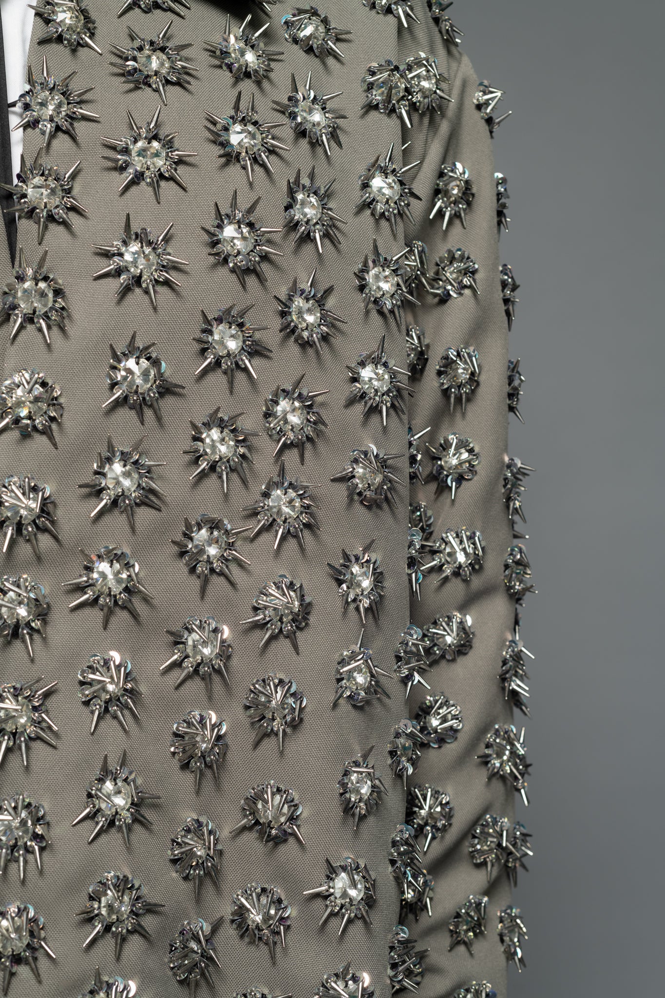 ROSANI The Thor jacket in pearl grey - heavy embellished jacket with all-over hand embroidery and crystal bead detailing, detail view