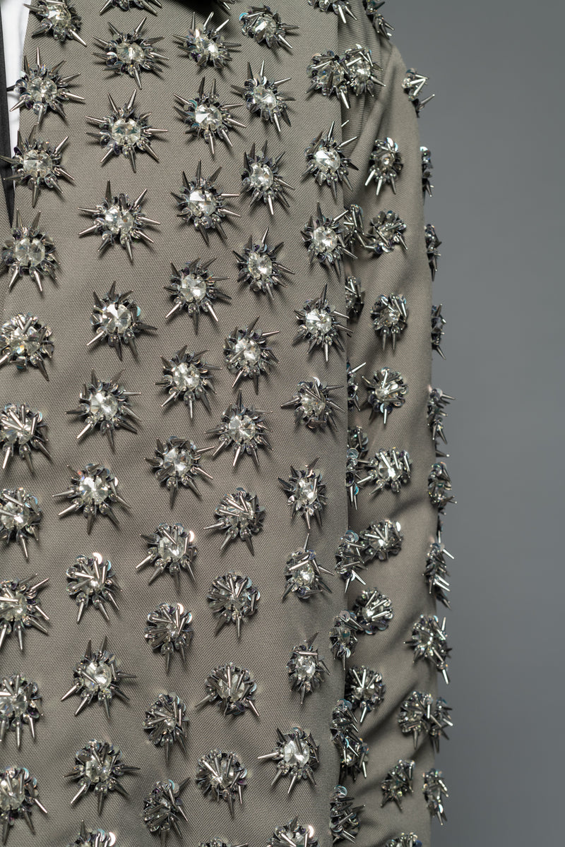 ROSANI The Thor jacket in pearl grey - heavy embellished jacket with all-over hand embroidery and crystal bead detailing, detail view