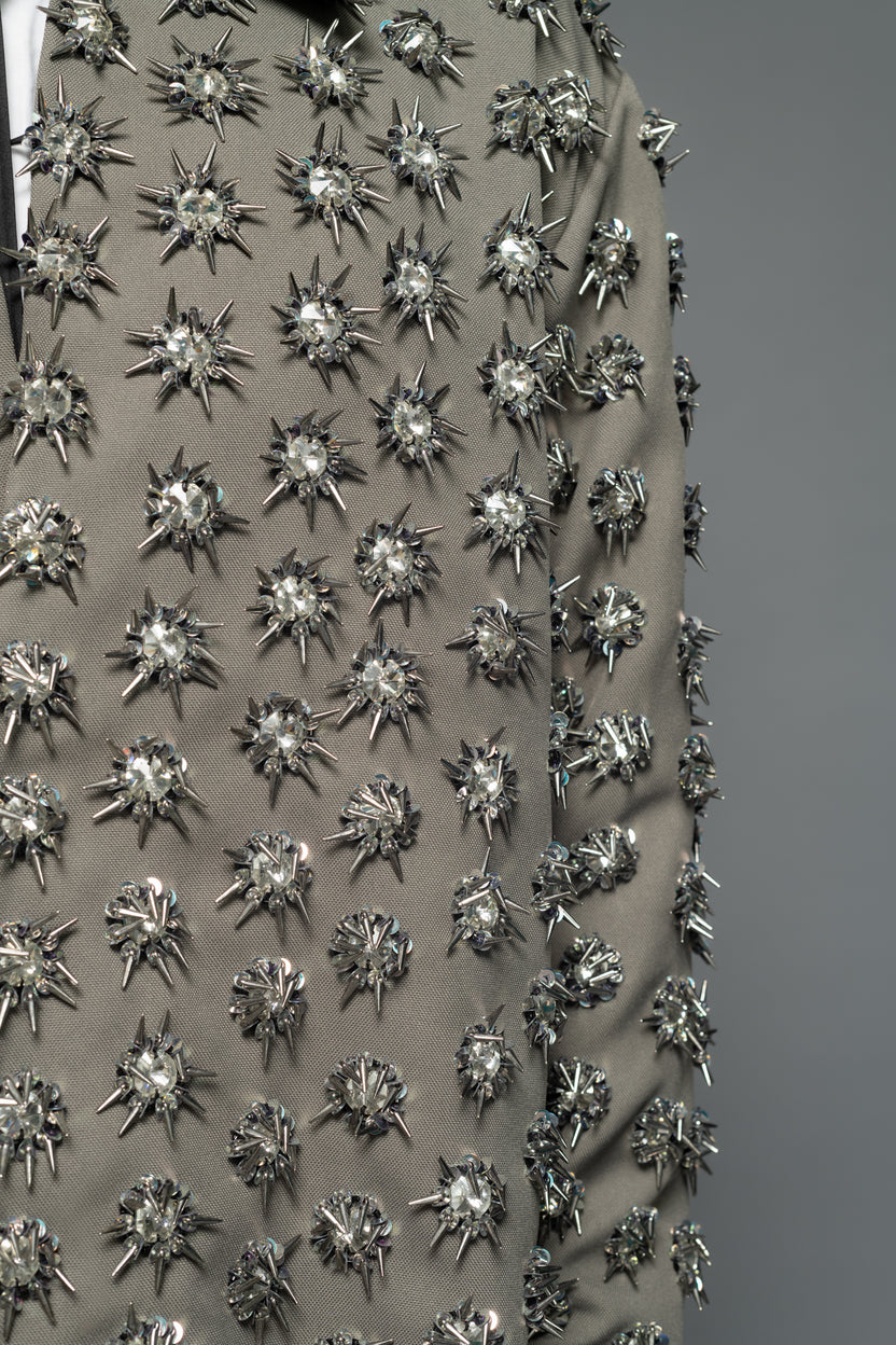 ROSANI The Thor jacket in pearl grey - heavy embellished jacket with all-over hand embroidery and crystal bead detailing, detail view