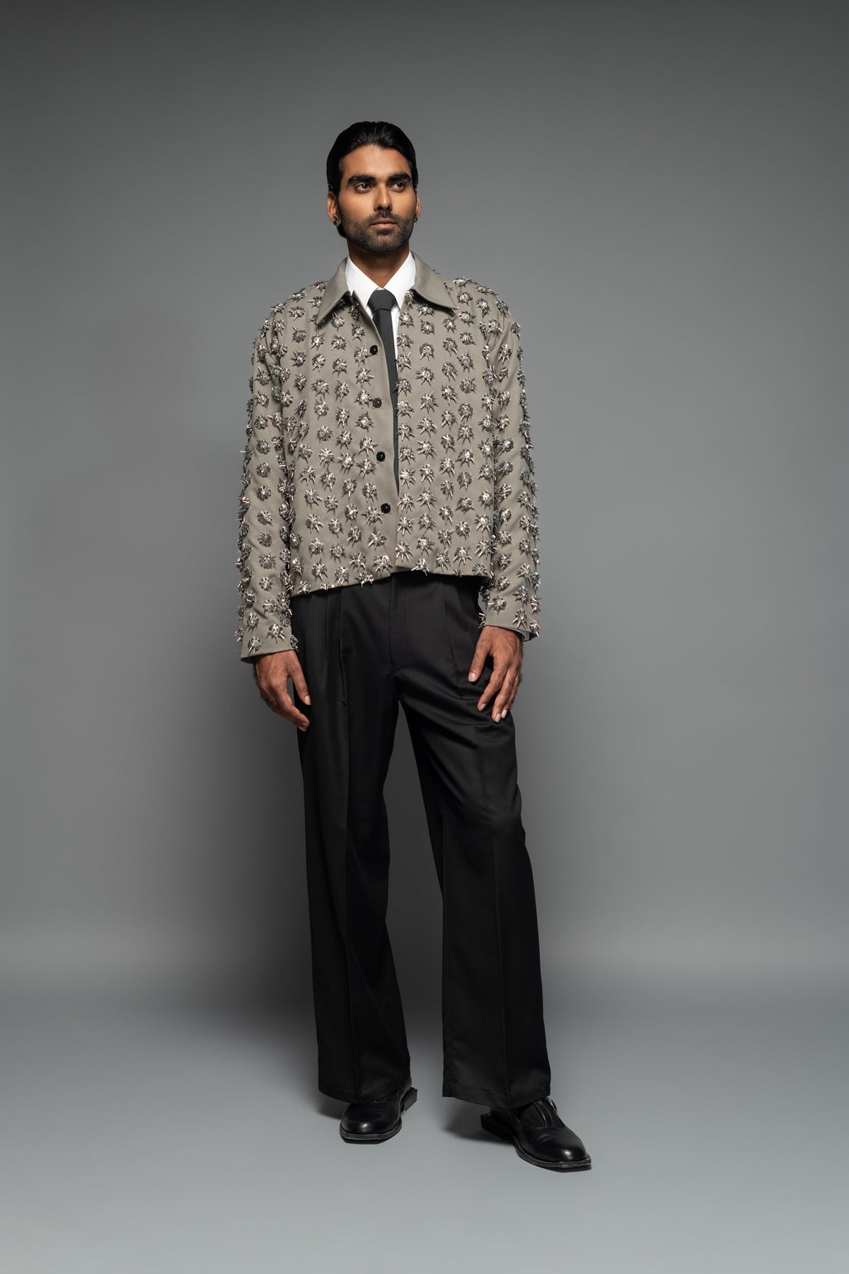 ROSANI The Thor jacket in pearl grey - heavy embellished jacket with all-over hand embroidery and crystal bead detailing, front view