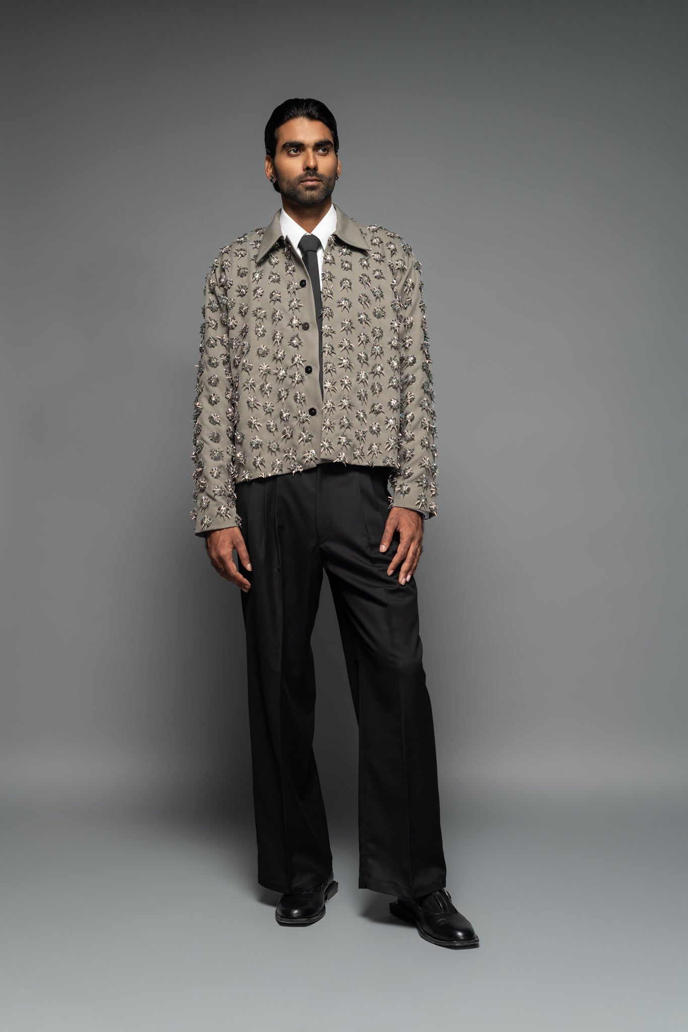 ROSANI The Thor jacket in pearl grey - heavy embellished jacket with all-over hand embroidery and crystal bead detailing, front view