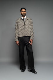 ROSANI The Thor jacket in pearl grey - heavy embellished jacket with all-over hand embroidery and crystal bead detailing, front view