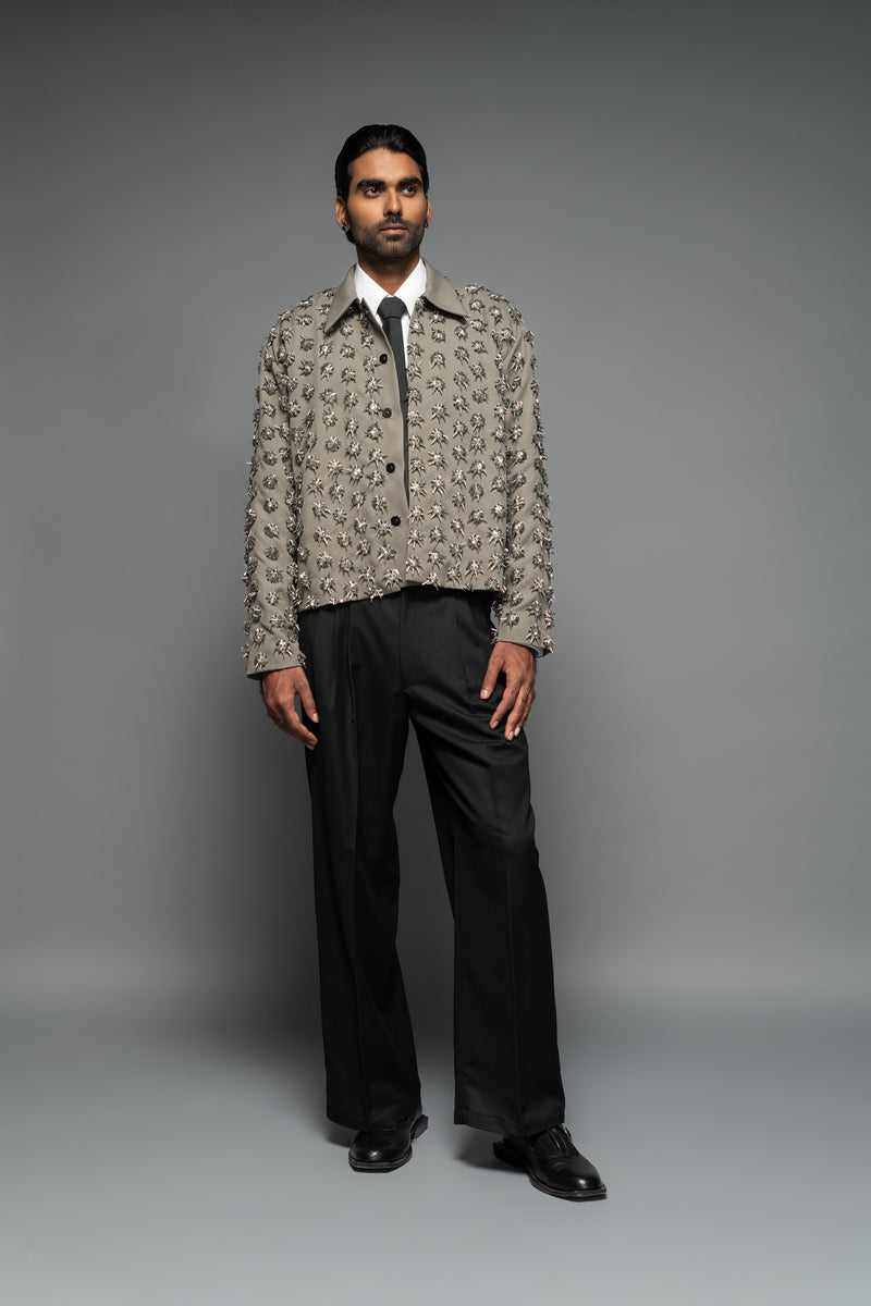 ROSANI The Thor jacket in pearl grey - heavy embellished jacket with all-over hand embroidery and crystal bead detailing, front view