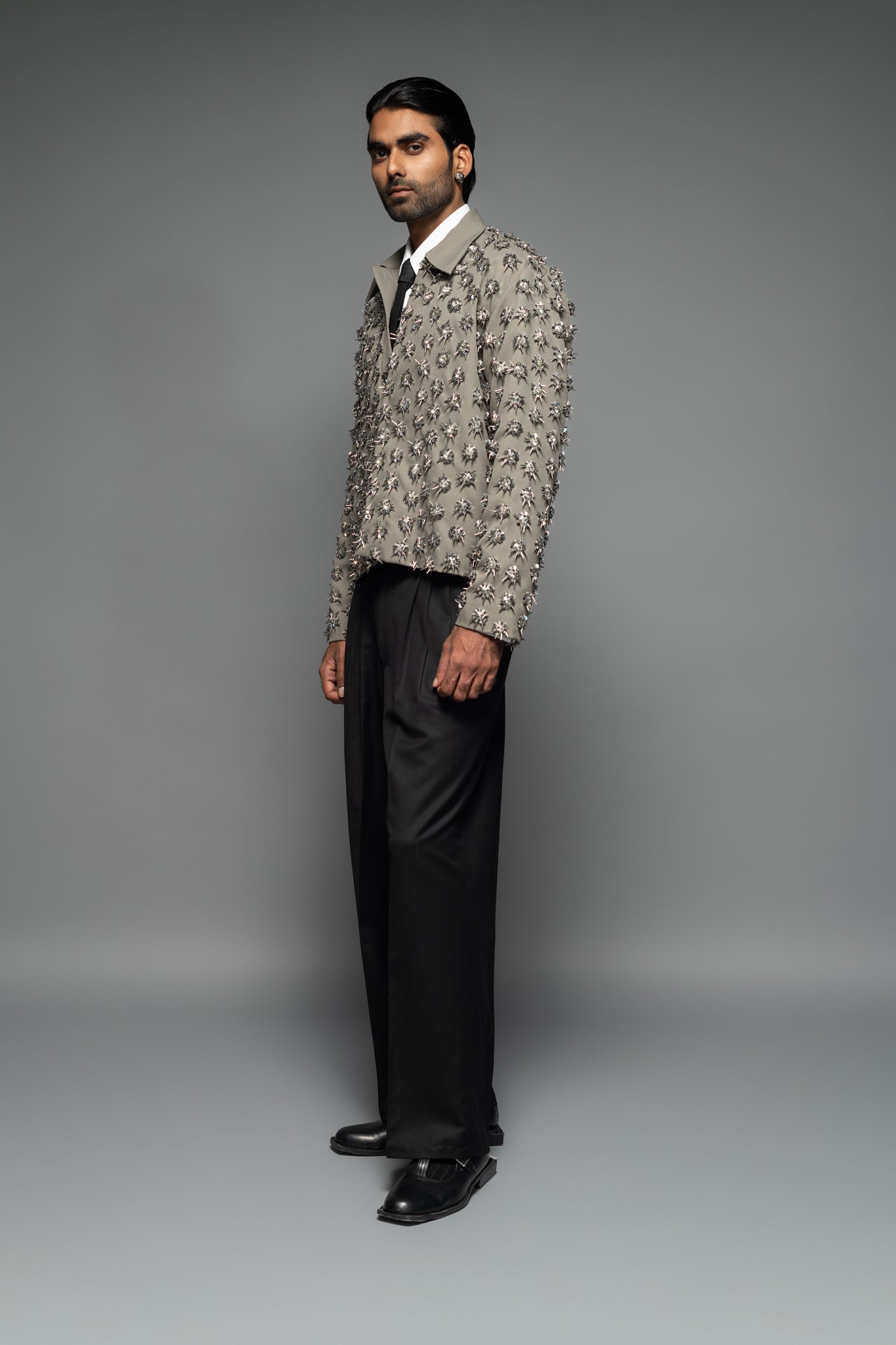 ROSANI The Thor jacket in pearl grey - heavy embellished jacket with all-over hand embroidery and crystal bead detailing, side view