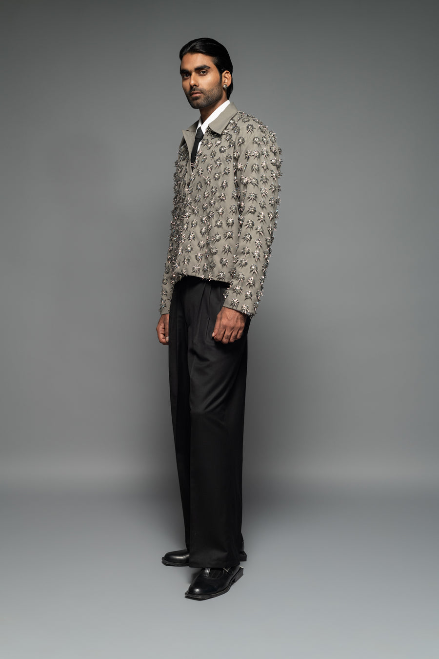 ROSANI The Thor jacket in pearl grey - heavy embellished jacket with all-over hand embroidery and crystal bead detailing, side view